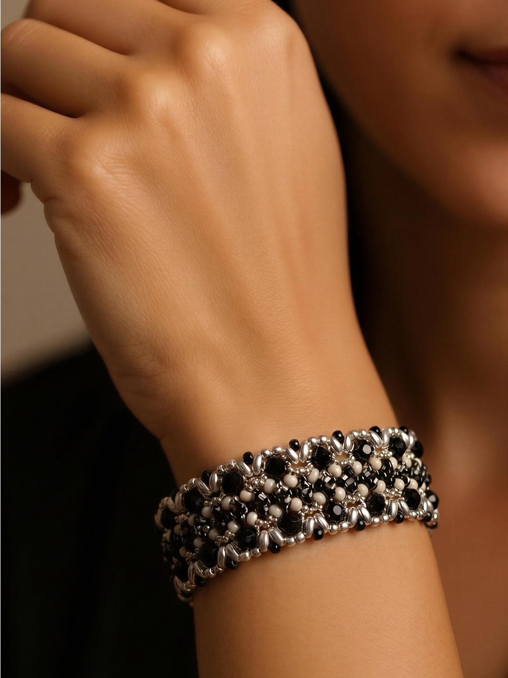 Women's Black and Silver Beaded Multi-Strand Bracelet